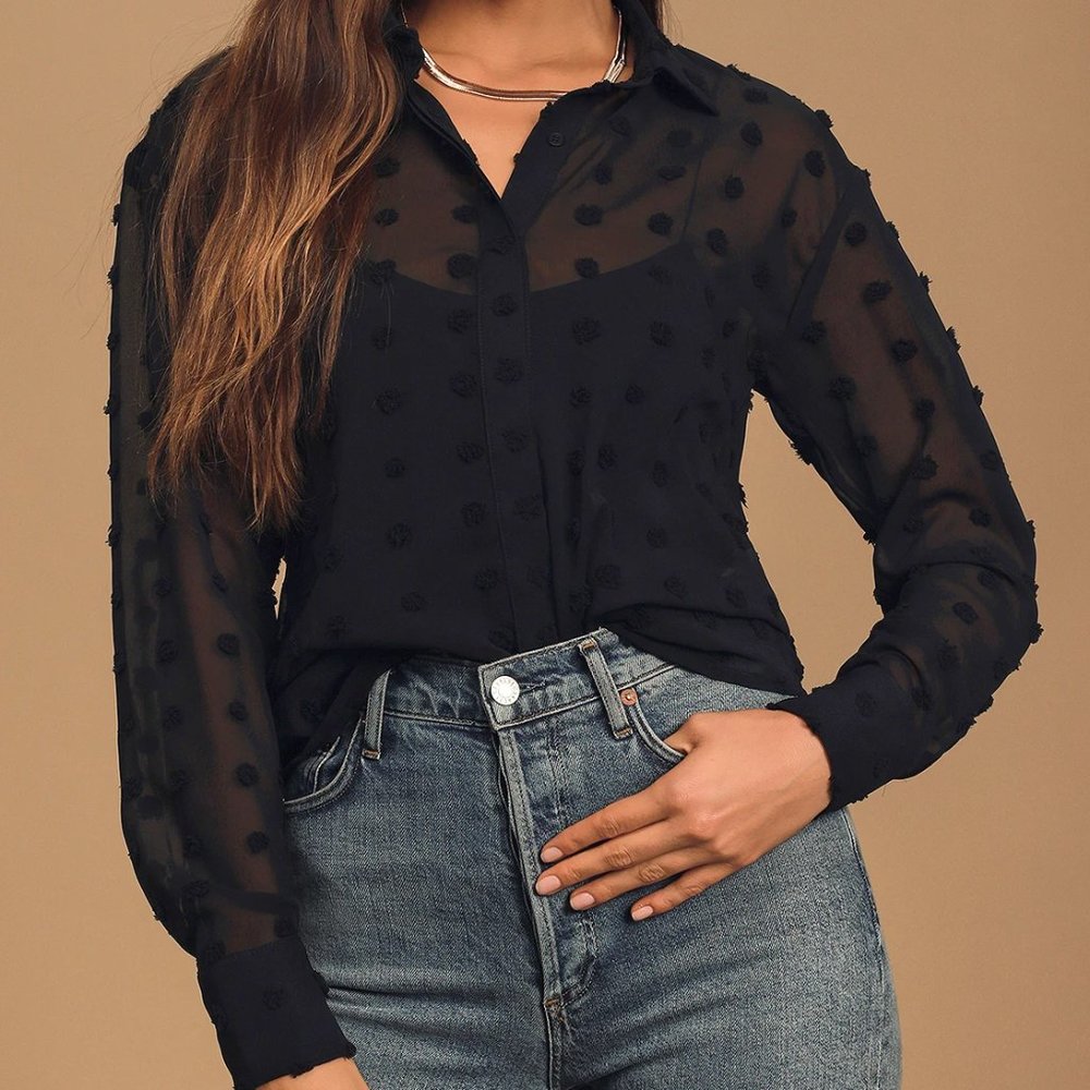 Sheer Romance Black Swiss Dot Long Sleeve Button-Up Top